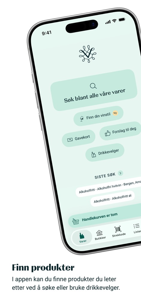 Vinmonopolet - A tela inicial apresenta uma proeminente barra de busca para encontrar produtos e o recurso "Drikkevelgeren" para sugestões personalizadas.