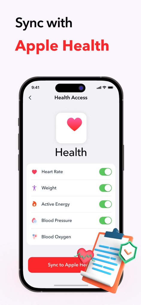 iCardio - Heart Rate Tracker - This feature demonstrates seamless integration with Apple Health, offering users toggle switches to manage data sharing for metrics like Heart Rate and Blood Pressure.