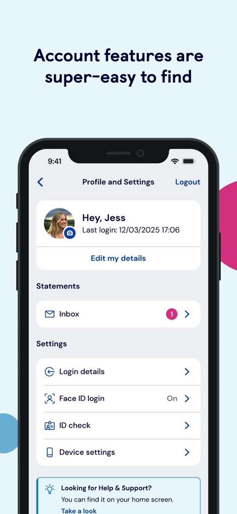 TSB Mobile Banking - This tool offers a personalized experience with a clear user profile ("Hey, Jess") and accessible settings for "Face ID login" and general "Device settings".