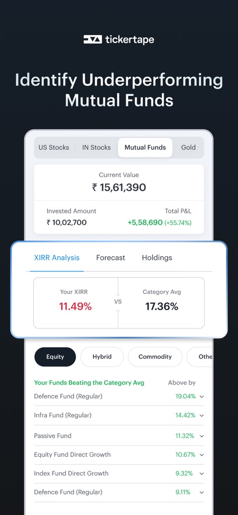 Tickertape: US & Indian Stocks - Dieses Tool ermöglicht die Identifizierung von Investmentfonds mit Optimierungsbedarf, indem es den persönlichen XIRR im Vergleich zum Kategoriedurchschnitt und eine Liste von Fonds, die den Kategoriedurchschnitt übertreffen, darstellt.