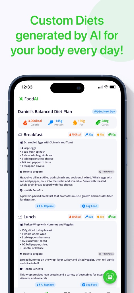 Calorie Tracker・Diet: Food AI - 本ツールは、AIが生成する個別のバランスの取れた食事計画を提示し、調理手順と健康効果を含む詳細な献立によって、ユーザーの健康的な食生活を支援します。