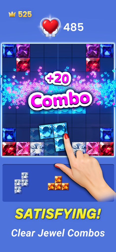 Jewelscape: Block Puzzle Game - See how Jewelscape: Block Puzzle Game organizes sparkling jewels on a grid and highlights satisfying combo effects for exciting gameplay.