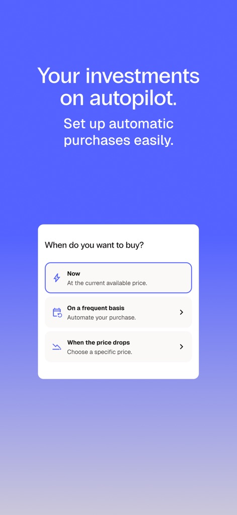 Bitso: Save and invest easily - Observe the intuitive options for scheduling automatic purchases and setting up price-triggered buys, enabling users to automate their investment strategy.