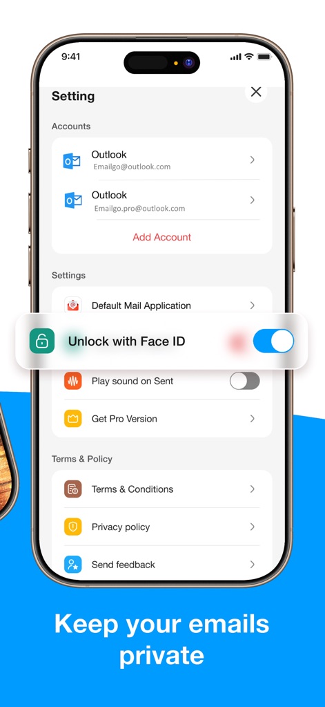 Email for Hotmail, Outlook - O menu de configurações apresenta a opção "Desbloquear com Face ID" ativada, garantindo acesso seguro e a listagem das contas de e-mail configuradas.