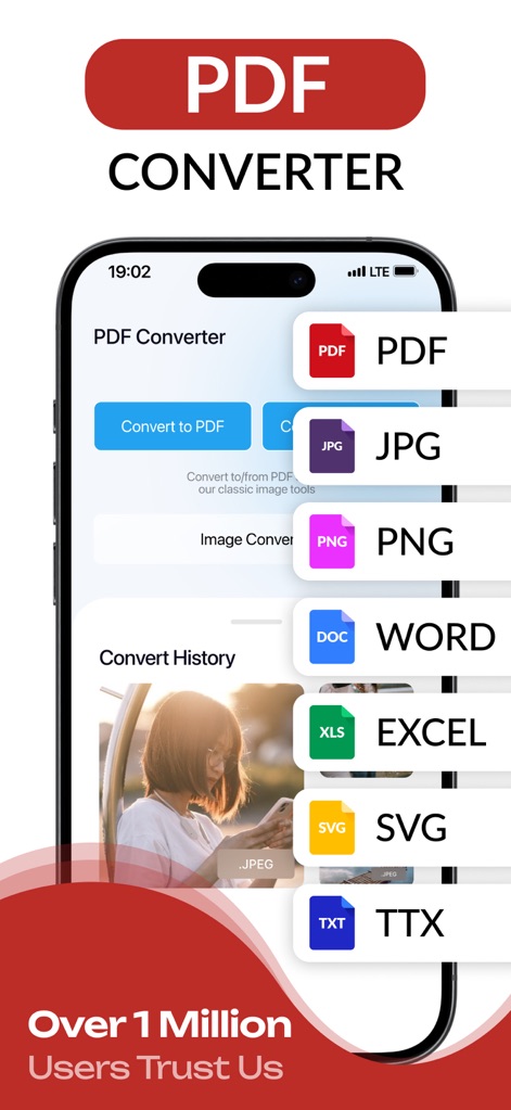 PDF Converter – Photos to PDF - L'application offre une interface intuitive avec des options claires pour convertir vers et depuis le format PDF, tout en présentant une liste exhaustive des formats de fichiers supportés, comme JPG, PNG, DOC et XLS.