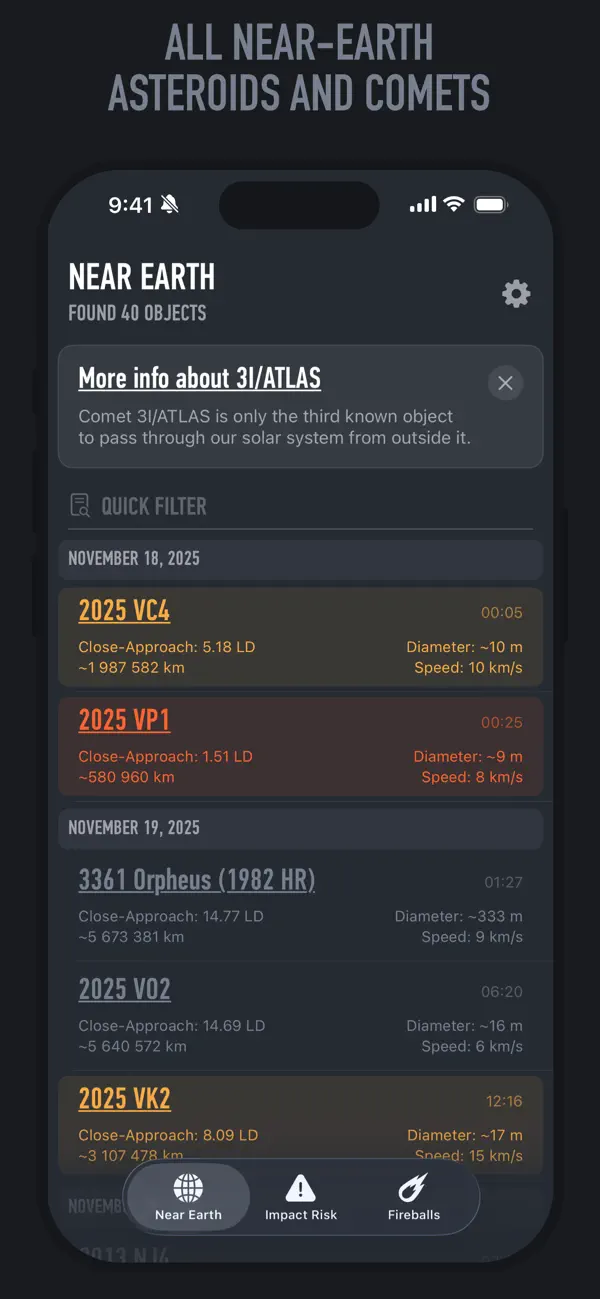 Screenshot #1 pour Near-Earth Asteroids Tracker