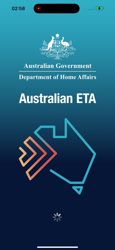 AustralianETA - L'app si apre con il logo ufficiale del governo australiano e un'illustrazione di frecce che suggeriscono un processo di candidatura fluido e veloce.