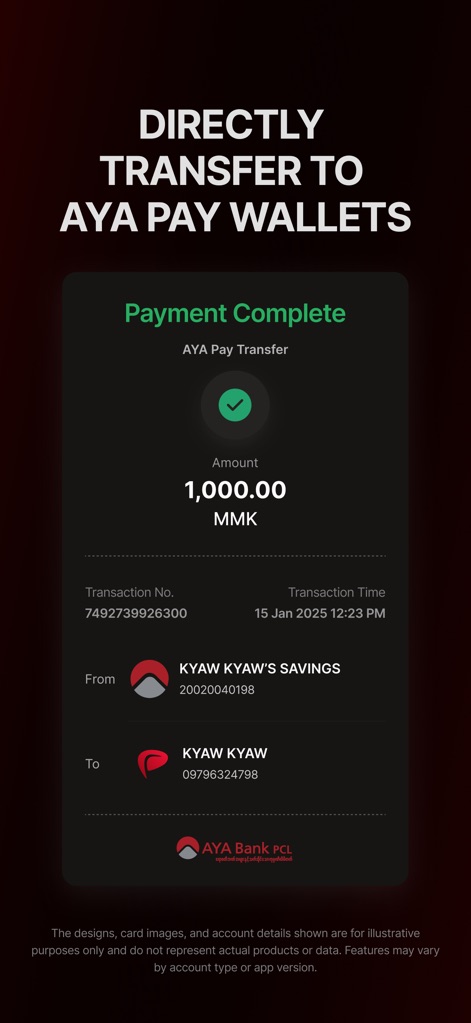 AYA Mobile Banking - Die Ansicht zeigt eine klare 'Payment Complete'-Bestätigung mit einem grünen Häkchen und dem überblicklichen Betrag von 1.000,00 MMK, ergänzt durch die detaillierten Transaktionsinformationen von und zu den beteiligten Konten.