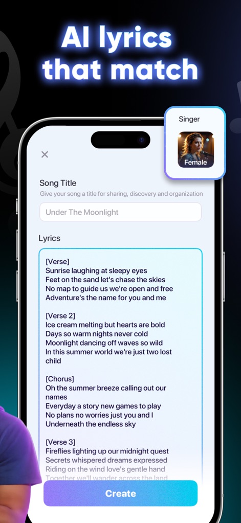 AI Music - Generator - Observe how the app intelligently generates compelling lyrics, complete with structured verses and choruses, for the specified 'Song Title'.
