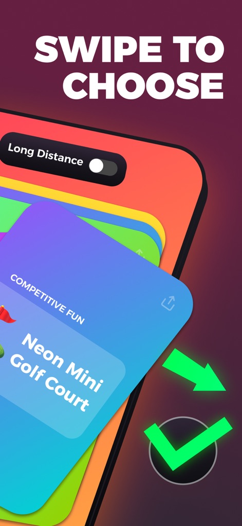 Lovio - Couples App & Widgets - Observe the streamlined process for choosing dates, featuring a "Long Distance" toggle to filter options and an appealing "Neon Mini Golf Court" suggestion.