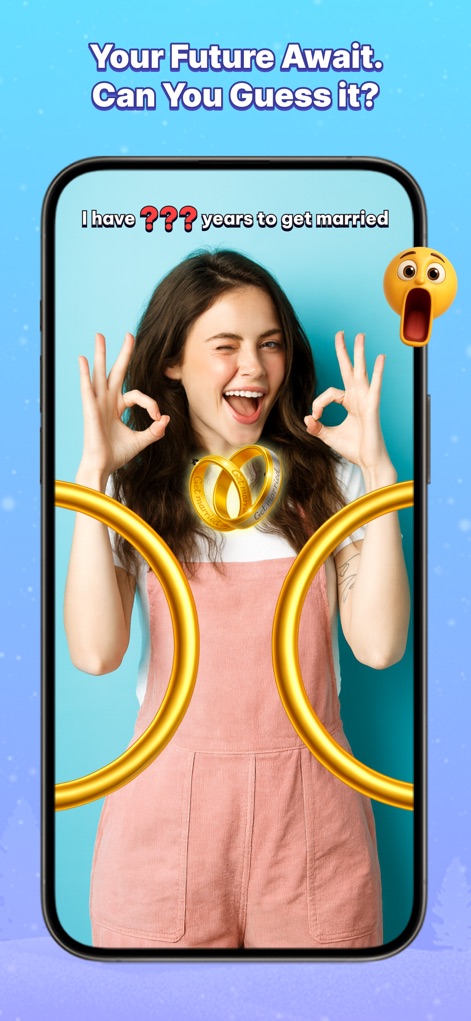 Funny Filter Challenge - このスクリーンショットは、ユーザーの未来を予測するチャレンジを示しており、「??? years to get married」というテキストと、浮遊する二つの指輪のビジュアルが特徴です。