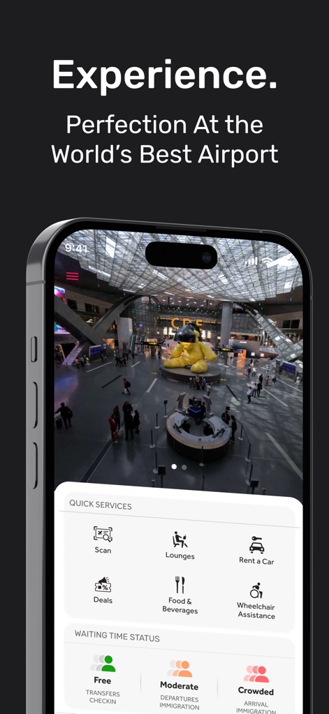 HIA Qatar - Users can access essential 'Quick Services' such as Lounges and Rent a Car, and monitor 'Waiting Time Status' for various airport processes directly from the app interface.