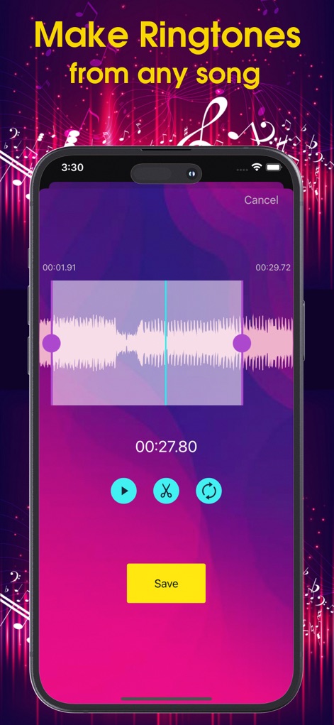 Ringtones for iPhone: Music - Voyez comment les utilisateurs peuvent créer des sonneries personnalisées grâce à un éditeur de forme d'onde intuitif, permettant de découper et d'ajuster précisément le son via les poignées de trim et les contrôles de lecture/boucle.