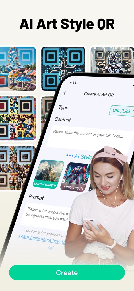 Safe QR Barcode Reader Creator - Delve into the innovative AI Art QR feature, showcasing a gallery of stunning styles and intuitive prompt input for unique designs.