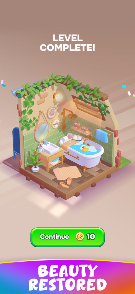 Decolore - Celebrate the successful completion of a level, revealing a beautifully restored bathroom with a classic clawfoot tub and fresh greenery.
