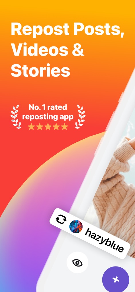 Repost Posts Videos: RepostMax - L'app si presenta come lo strumento di ripubblicazione numero uno, enfatizzato dal badge "No. 1 rated reposting app", e offre un'interfaccia pulita con un'icona di repost ben visibile.