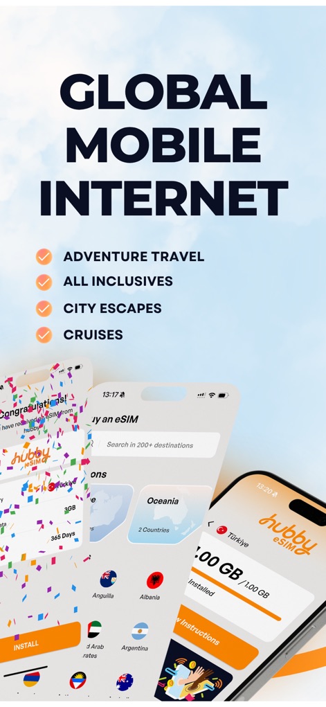 HUBBY eSIM - Discover how HUBBY eSIM simplifies international travel with its extensive country selection interface and transparent detailed data usage display.