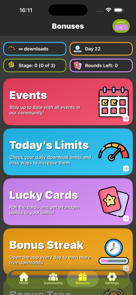 Ragdoll Mods: Guns and Skins - Maximize gameplay with the 'Bonuses' screen, presenting 'Events' for community participation and 'Lucky Cards' to increase daily limits.