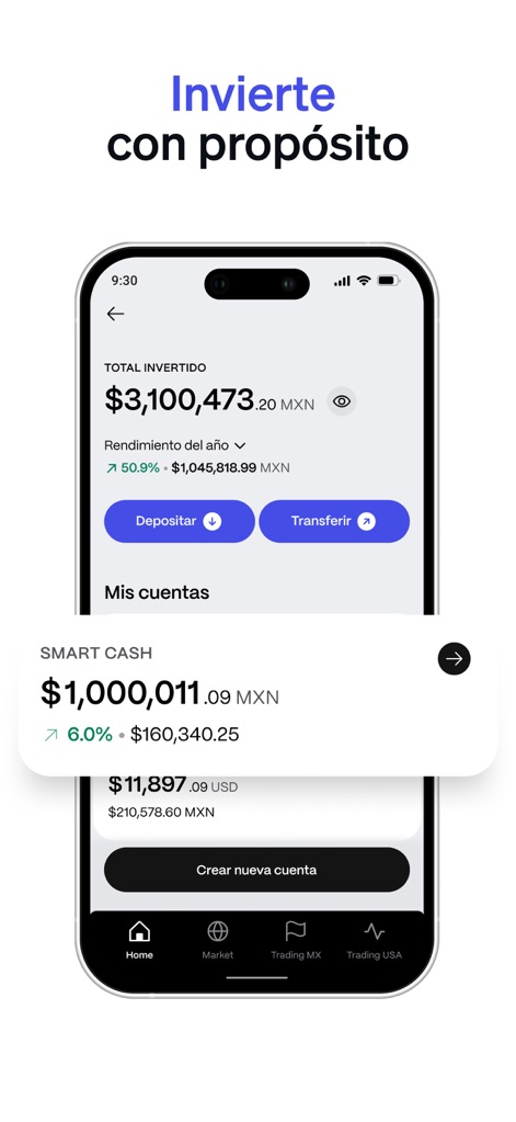 GBM - La aplicación presenta el "TOTAL INVERTIDO" del usuario con su rendimiento anual detallado, y ofrece acceso directo a la sección "Smart Cash" mostrando su saldo y rentabilidad diaria.
