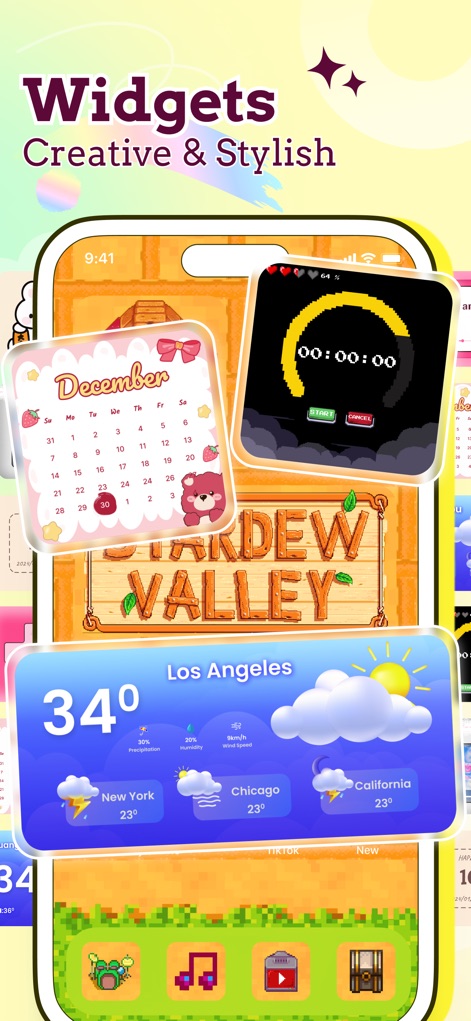 ThemeX: App Icons & My Widgets - O aplicativo permite aos usuários adicionar widgets criativos e estilosos à sua tela, como o widget de calendário detalhado e os widgets de clima com informações de temperatura e localização, aprimorando a funcionalidade e a estética.