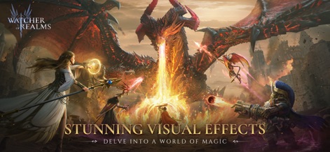 Watcher of Realms - US - Experience the app's breathtaking graphic fidelity, showcasing a colossal dragon boss and heroes engaged in dynamic spellcasting.