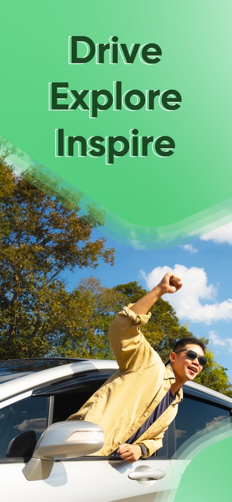 MIOTO - Thuê xe tự lái - This visual sets the stage for adventure, highlighting the aspirational text "Drive Explore Inspire" and the joyous expression of a traveler experiencing the open road.