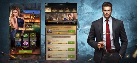 Mafia City: War of Underworld - Review the mansion upgrade incentives and the daily job list, demonstrating the core resource management and task-driven gameplay loops.