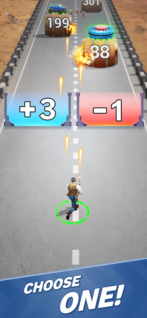 Zombie Waves-shooting game - The app presents tactical decision gates, offering impactful stat modifiers (+3 projectiles, -1 fire rate) that directly influence gameplay.