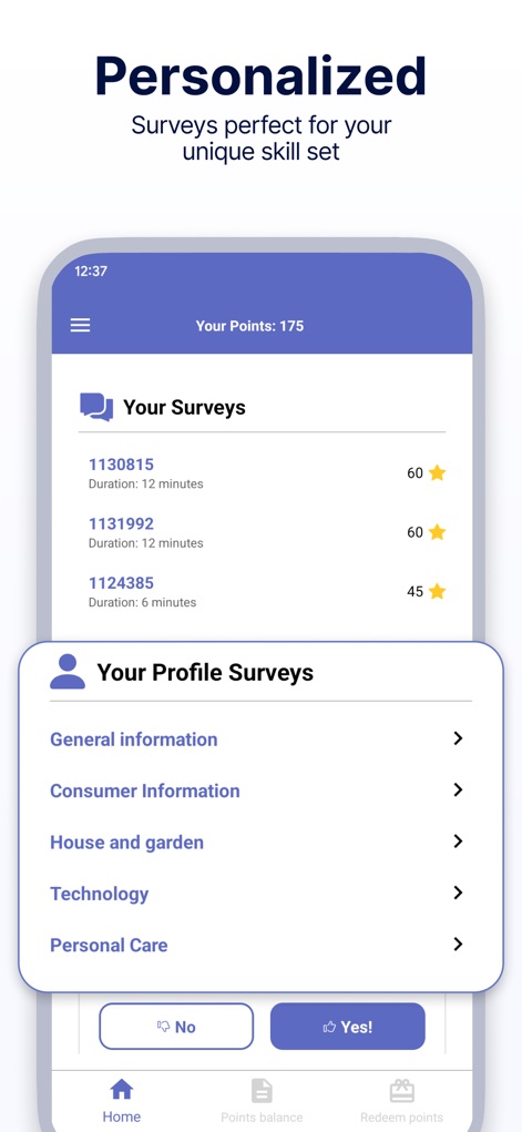 Ipsos iSay: Take Paid Surveys - L'app offre un'esperienza personalizzata, con la sezione 'Your Profile Surveys' per affinare le preferenze e il saldo punti attuale di 'Your Points: 175'.