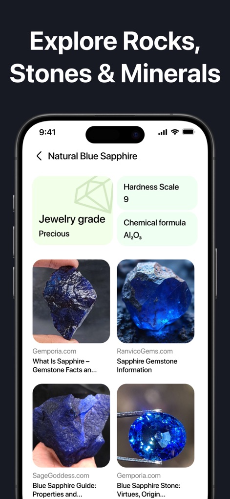 Lens: Reverse Image Search - このアプリは、鉱物の画像を識別し、その硬度や化学式などの詳細な特性を表示するとともに、関連するウェブサイトへのリンク付き画像検索結果を提供します。