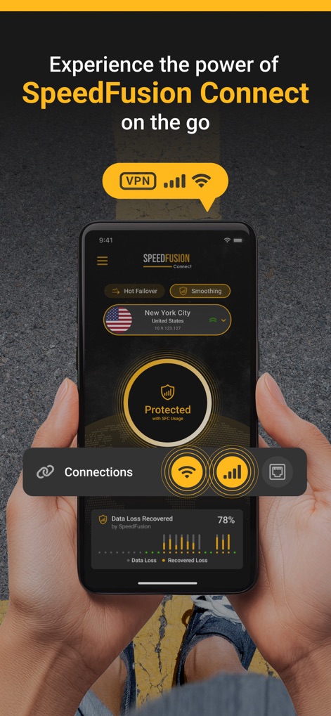 SpeedFusion Connect - Explore the intuitive dashboard, highlighting the 'Protected' status and detailed 'Data Loss Recovered' metrics.