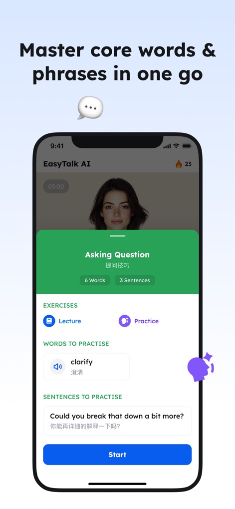 English Learning - Easy Speak - O recurso permite dominar palavras e frases fundamentais, exibindo uma lição chamada "Asking Question" com "6 Words" e "3 Sentences" para prática direcionada.