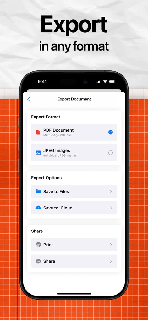 Lens - PDF Scanner and Editor - As amplas opções de exportação são apresentadas, permitindo que os usuários salvem seus arquivos como "Documento PDF" ou "Imagens JPEG", além de oferecer a funcionalidade de "Compartilhar" o documento diretamente.