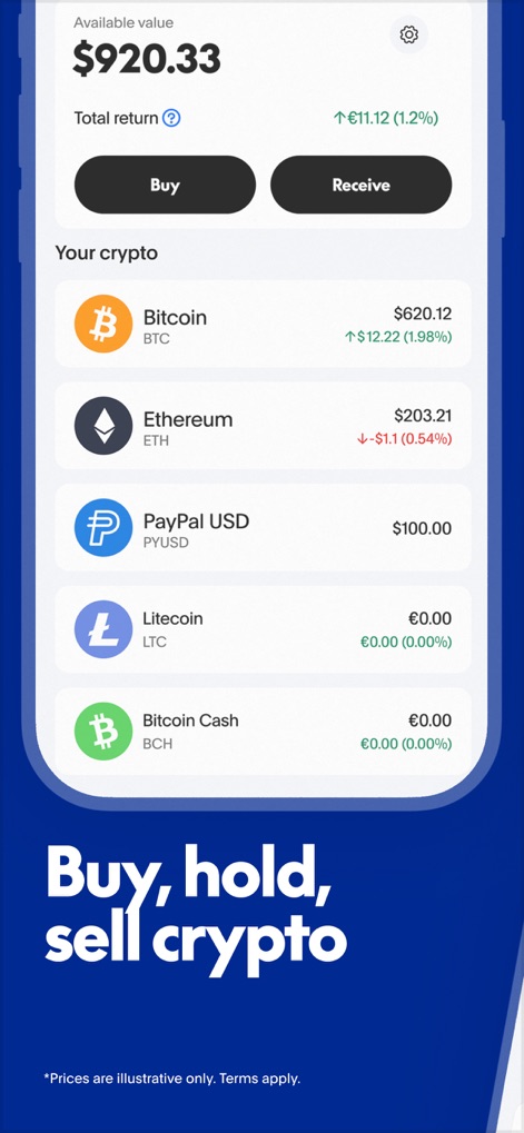 PayPal - Pay, Send, Save - Understand how the app facilitates buying, holding, and selling of cryptocurrencies, showcasing popular options like 'Bitcoin' and 'Ethereum' with real-time values.
