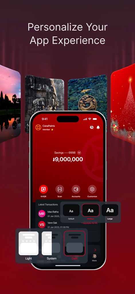 Canadia Bank App - La aplicación permite a los usuarios personalizar su experiencia, eligiendo entre el modo 'Oscuro' o claro y ajustando el tamaño de la 'fuente' para una lectura cómoda.
