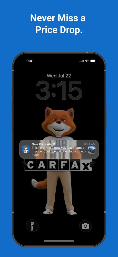 CARFAX - New & Used Cars App Store screenshot 6, headline “Never Miss a Price Drop.”. Dark.