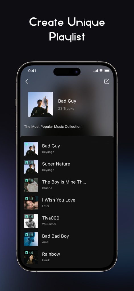 RaMusi: Offline Music Player - Discover how users can build personalized playlists, featuring track details with album art and integrated rating scores for each song.