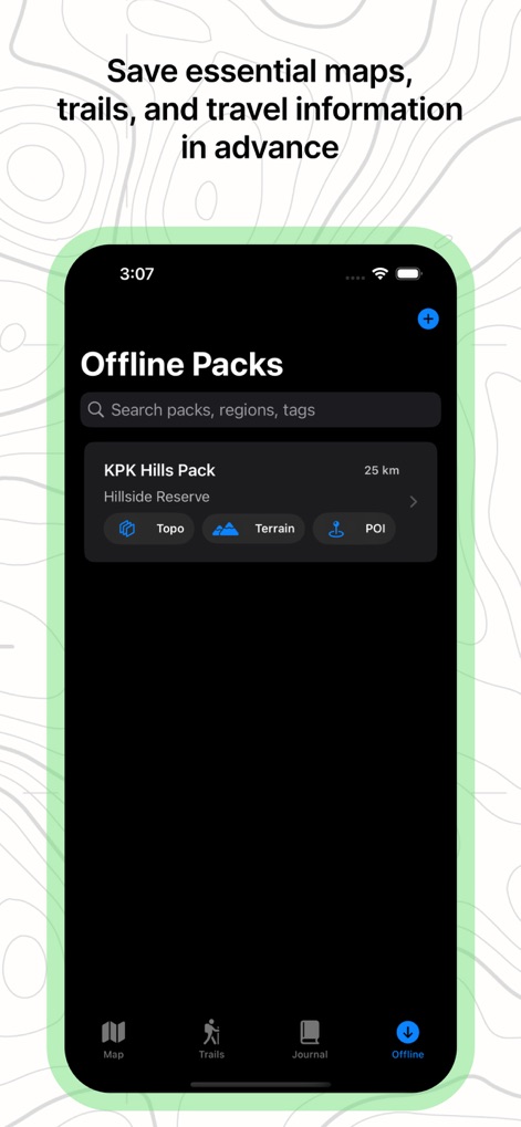 Offline RouteMap 3D - Users can efficiently manage 'Offline Packs', displaying a search bar and customizable pack options with icons for 'Topo', 'Terrain', and 'POI'.