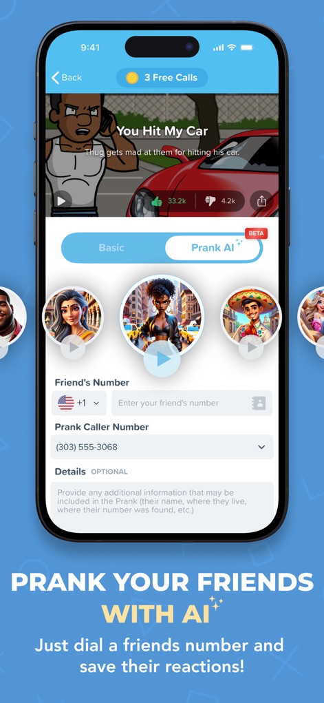 Prank Caller - Phone Dial App - Users can choose from diverse AI Characters and input a friend's number, streamlining the setup for a personalized prank call.