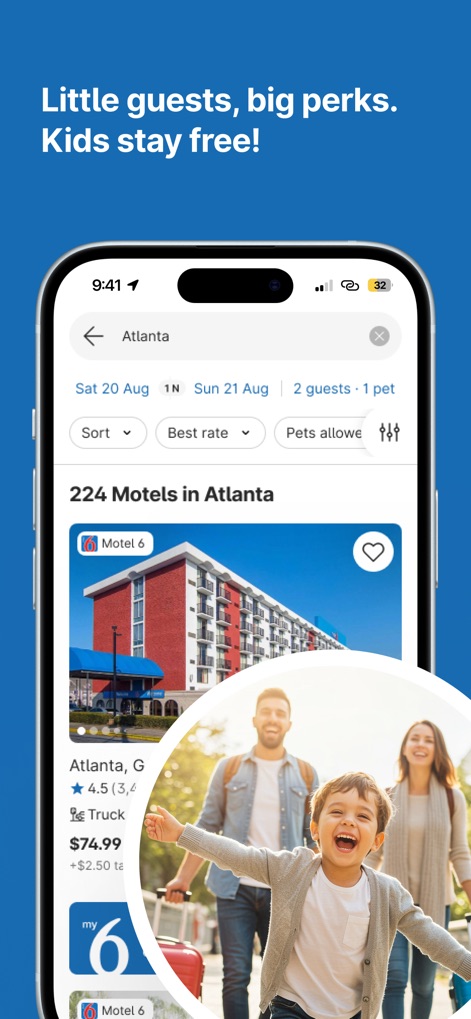 Motel 6: Book Hotels,My6 Deals - The app emphasizes its family-friendly benefits, visually highlighting that 'Kids stay free!' and displaying a typical hotel listing with pricing details.