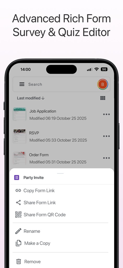 Forms for Google Doc - Users can leverage the comprehensive form editor, accessing quick actions like 'Copy Form Link' and 'Make a Copy' directly from their organized list of forms.