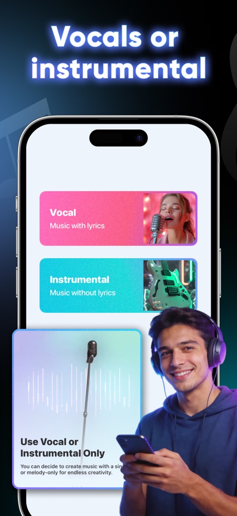 AI Music - Generator - This tool provides flexible options, allowing users to choose between 'Vocal (Music with lyrics)' with an accompanying singer visual or a pure 'Instrumental' track.