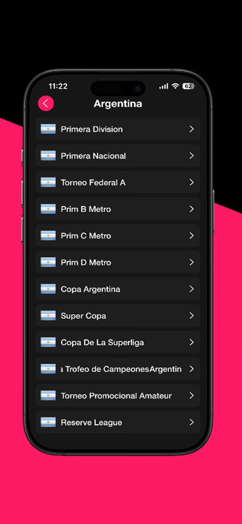 Football Live TV HD : Score - Nutzer können mühelos durch eine Vielzahl von Ligen und Wettbewerben navigieren, wie die "Primera Division" und "Primera Nacional" unter dem Menüpunkt Argentinien.