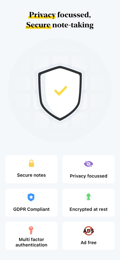 Notebook – Notes, Notepad - Para garantir a segurança, o aplicativo foca na privacidade, apresentando um escudo de proteção e destacando recursos como 'Ad free' e notas 'Encrypted at rest'.
