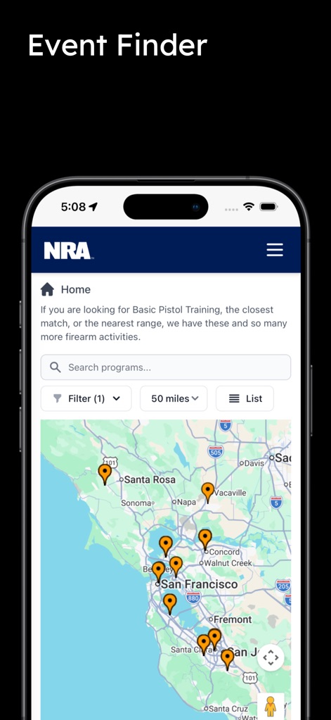 NRA - This tool empowers users to locate local events through an interactive map interface, complete with event pins and a comprehensive search bar.