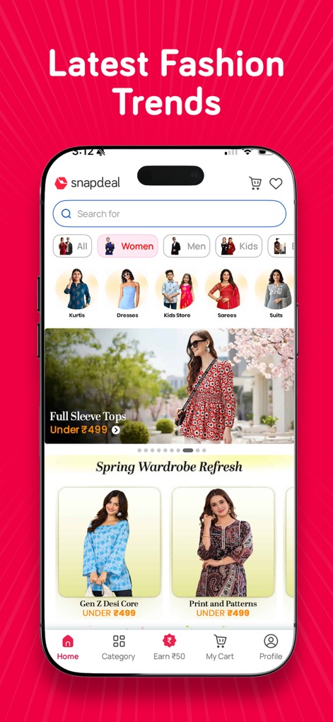 Snapdeal Trendy Budget Fashion - Cet outil présente les dernières modes féminines avec une sélection catégorisée par style (ex: Kurtis, Dresses) et des collections saisonnières mises en avant, telles que "Spring Wardrobe Refresh".