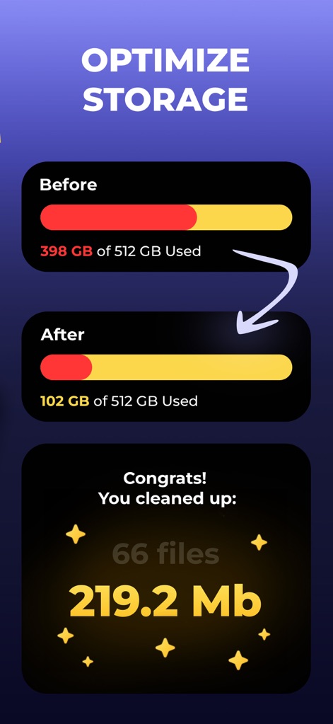 Hyper Cleaner: Clean Up Photos - This tool clearly illustrates storage improvements with "Before" and "After" progress bars, culminating in a celebratory message displaying the "219.2 Mb" of space saved.