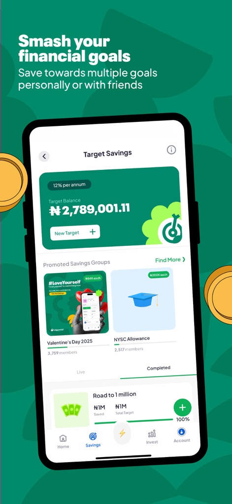 PiggyVest: Save & Invest Today - アプリは「Target Savings」機能を通じて複数の貯蓄目標設定をサポートし、コミュニティベースの「Promoted Savings Groups」に参加できます。