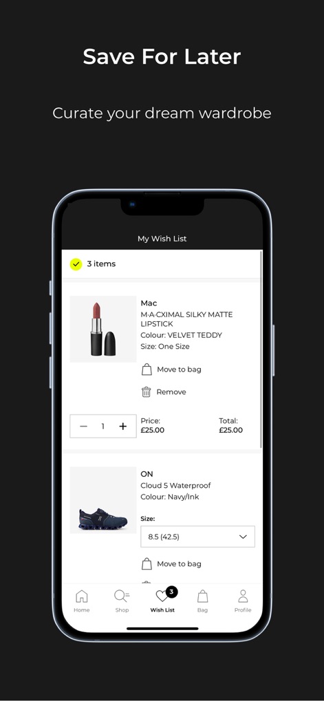 Flannels - Users can manage their desired items effectively within the app's wish list, featuring detailed product information and options to 'Move to bag' or adjust item quantity.