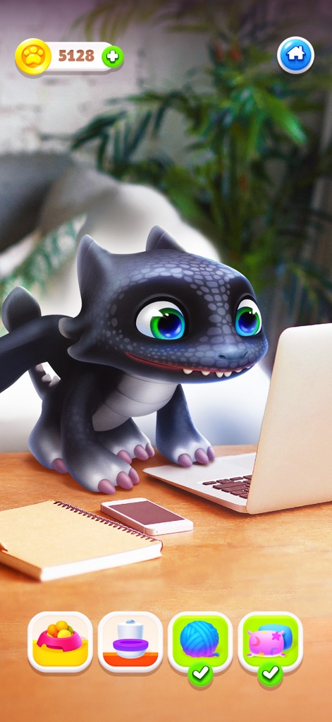 My Dragon - Virtual Pet Game - Witness the dragon in an unexpected modern setting, comfortably sitting beside a laptop and a smartphone, showcasing the app's blend of fantasy with contemporary scenarios.